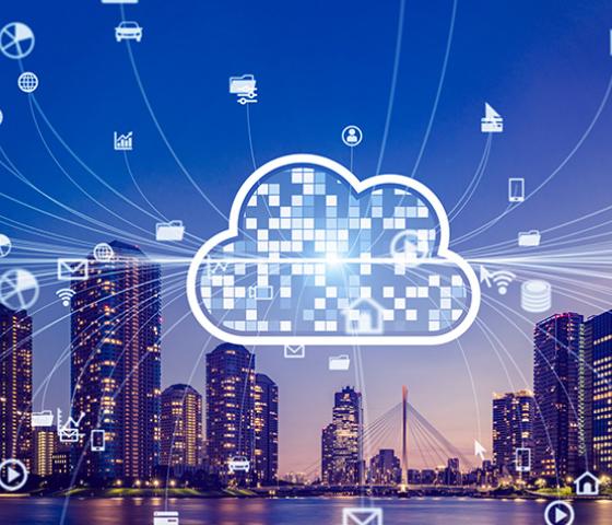 Decorative image - the internet cloud over a city 
